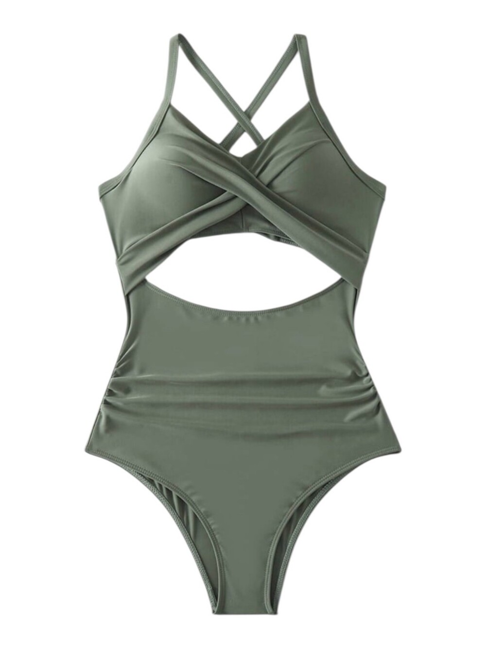 Olive Green Cutout One Piece Swimsuit Size Large Criss Cross Tummy Control